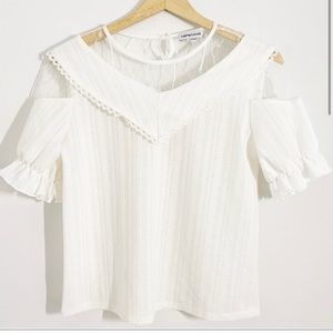 Cache Cache Ivory White Ribbed Top With Lace & Crochet Trim, Size Medium